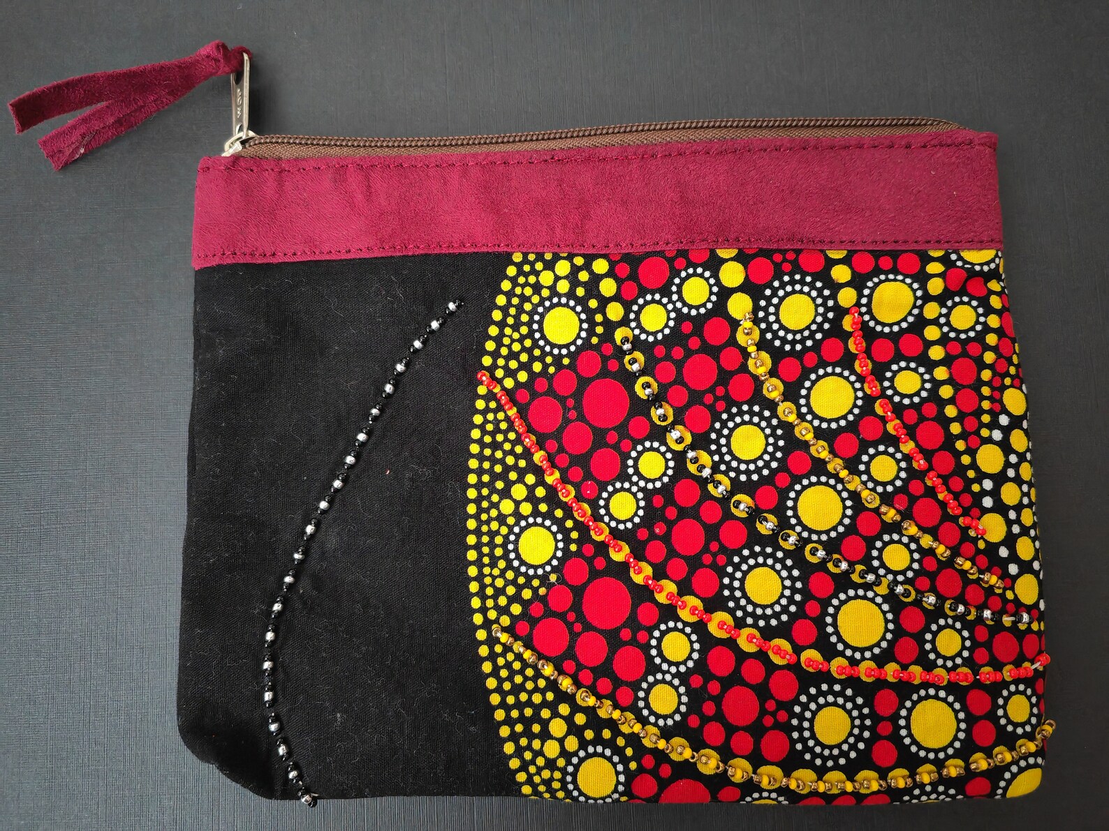 Kitenge purse with leather & glass bea