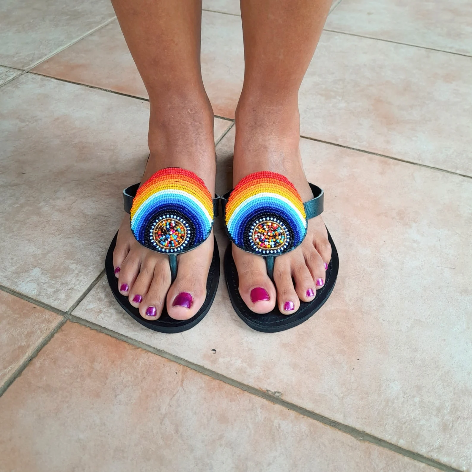 Maasai rainbow beaded flip flops