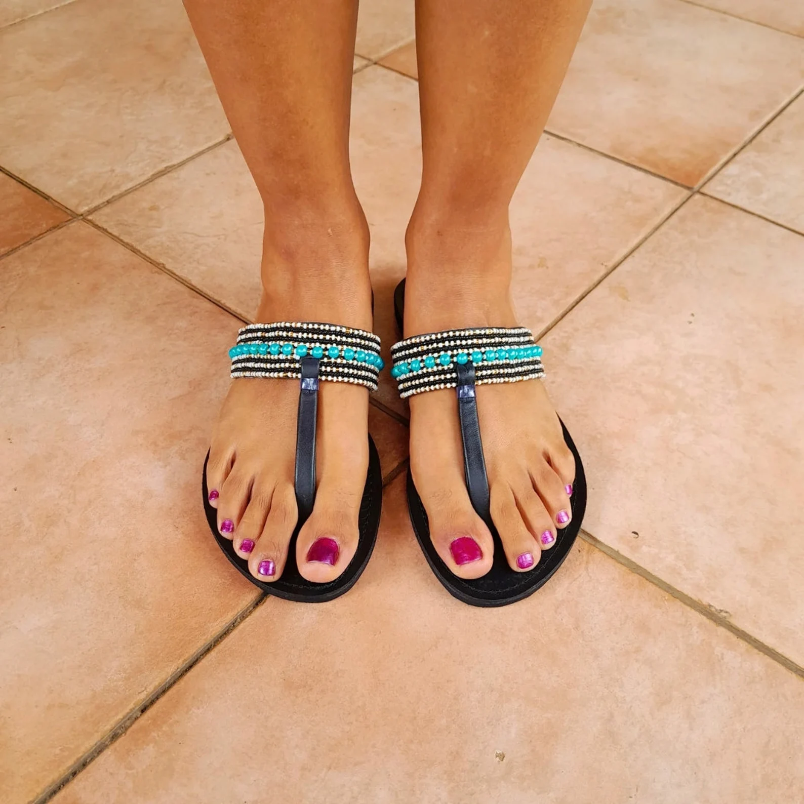 Maasai blue & white leather flip flops